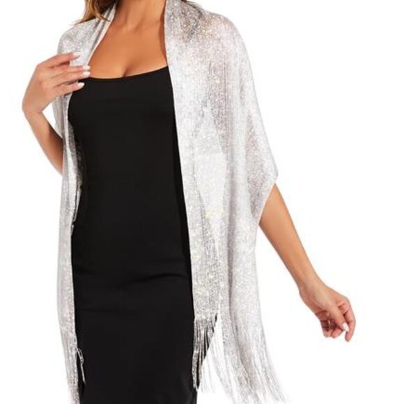 Silver Sparkling Metallic Shawls and Wraps with Buckle, for Evening Dresses Part - Picture 2 of 6